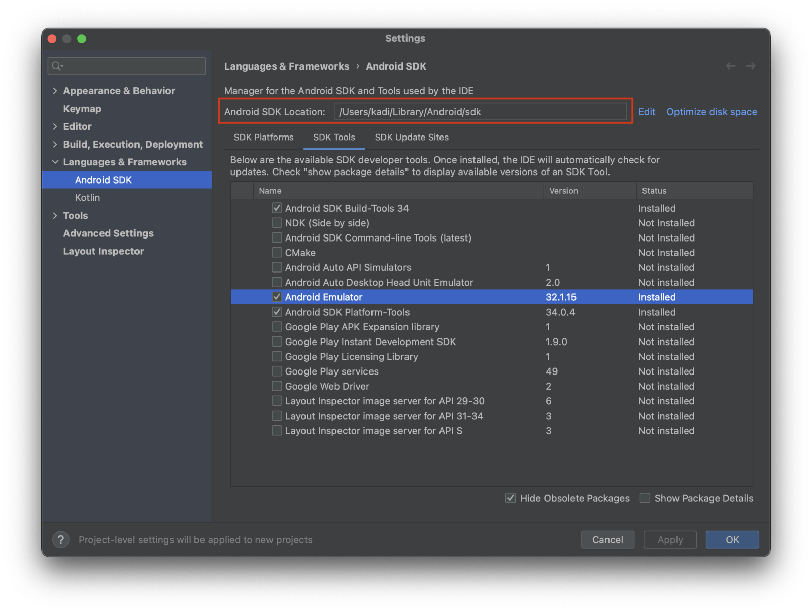 Android SDK location.