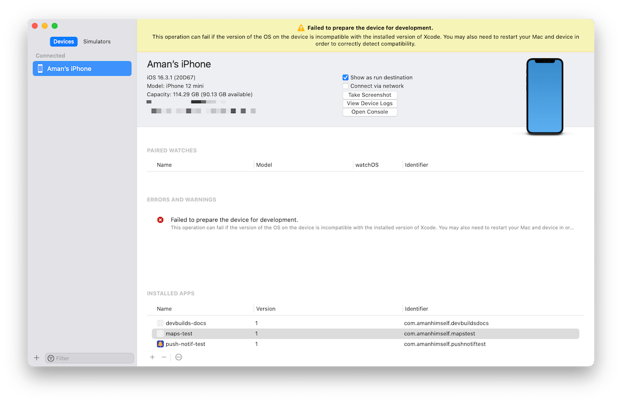 Devices and Simulators window in Xcode.