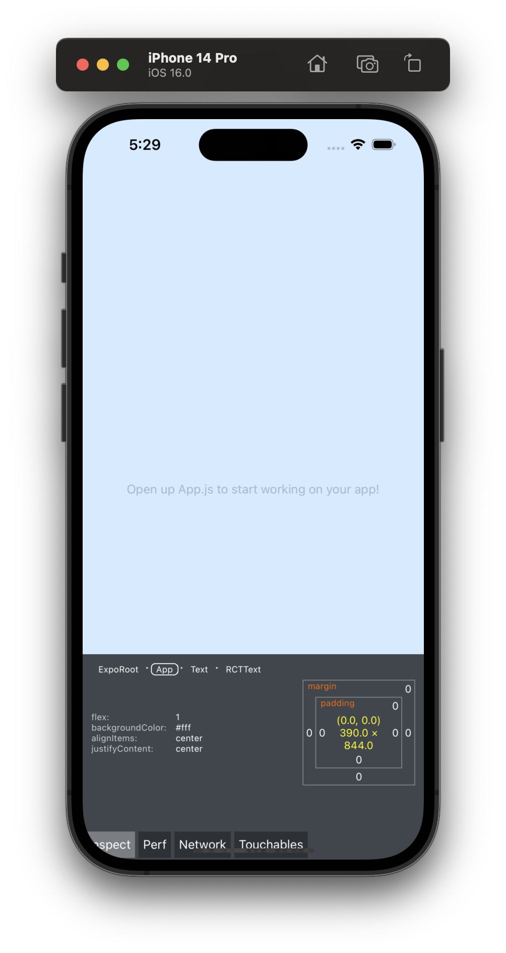 The Expo Go Element Inspector, showing details about an element after inspecting it