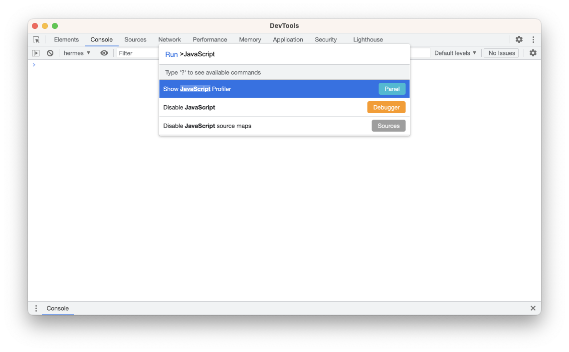 Chrome DevTools showing the command paletter.