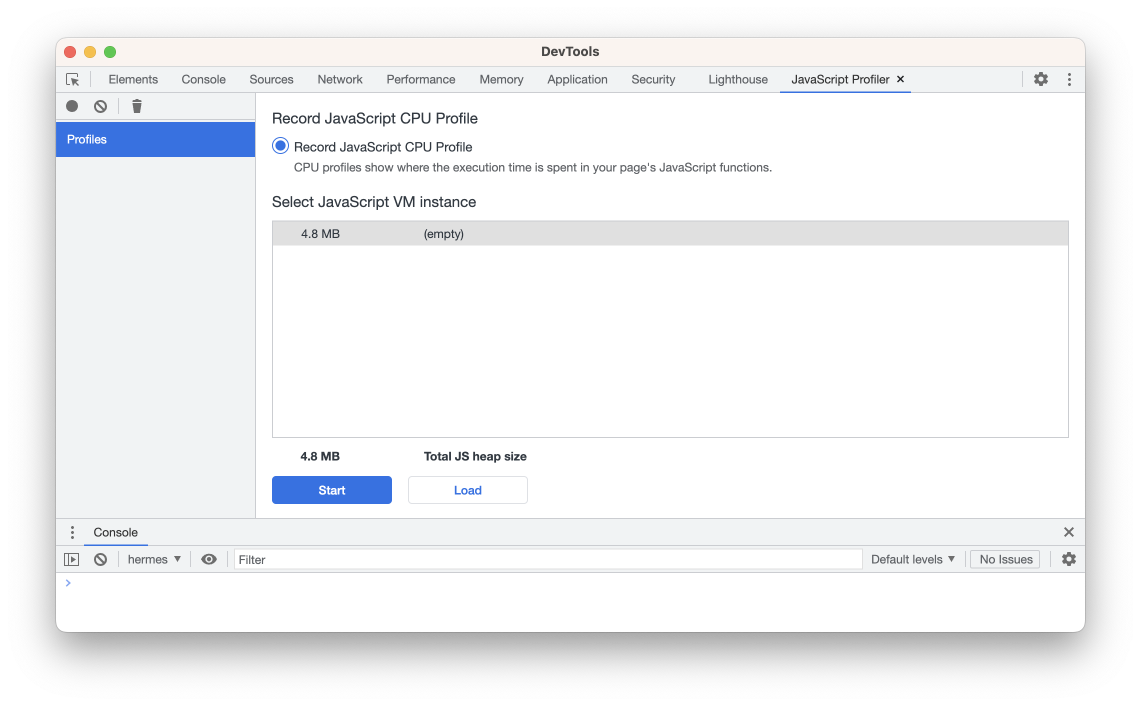JavaScript Profiler tab opened in the Chrome DevTools.