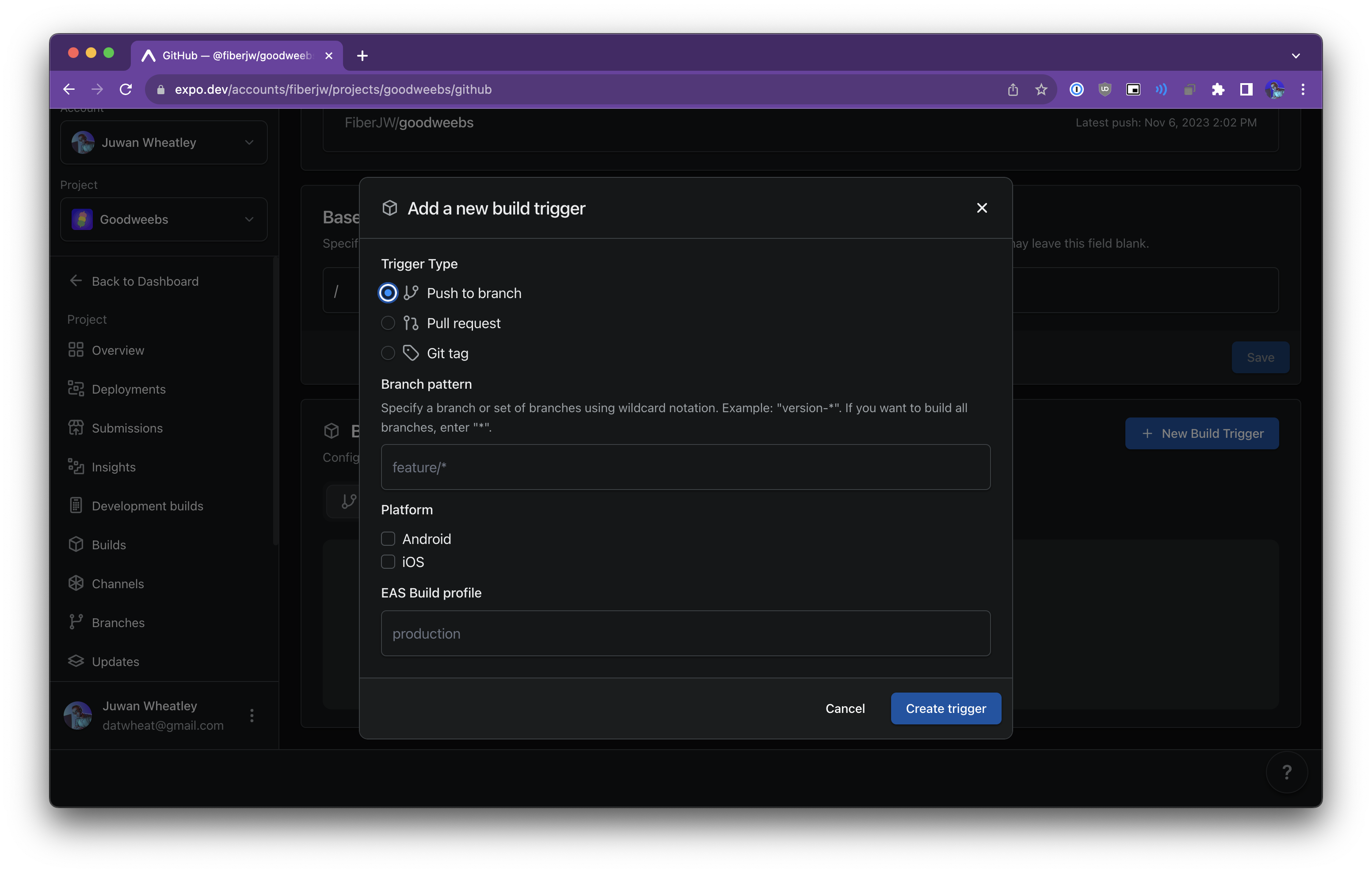 The default state of the new build trigger form