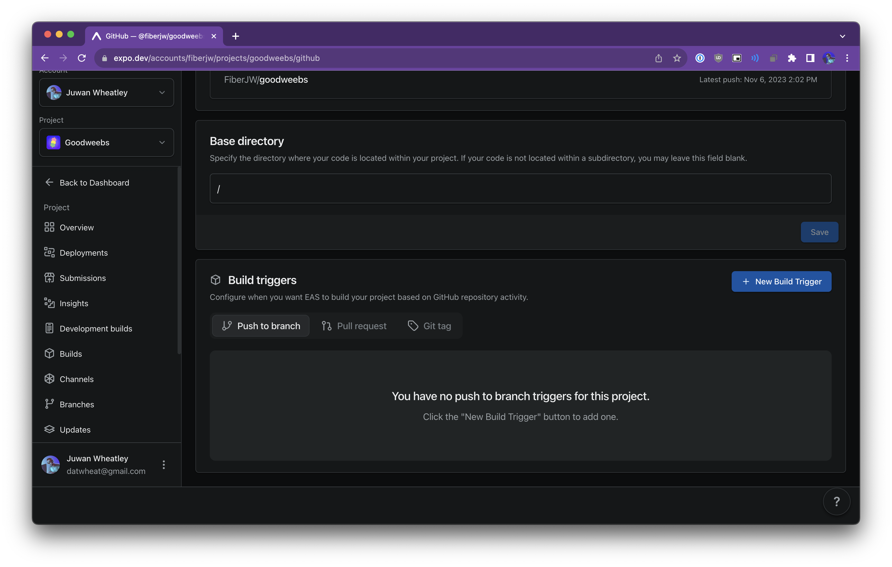 The build triggers section on the Expo project GitHub settings page