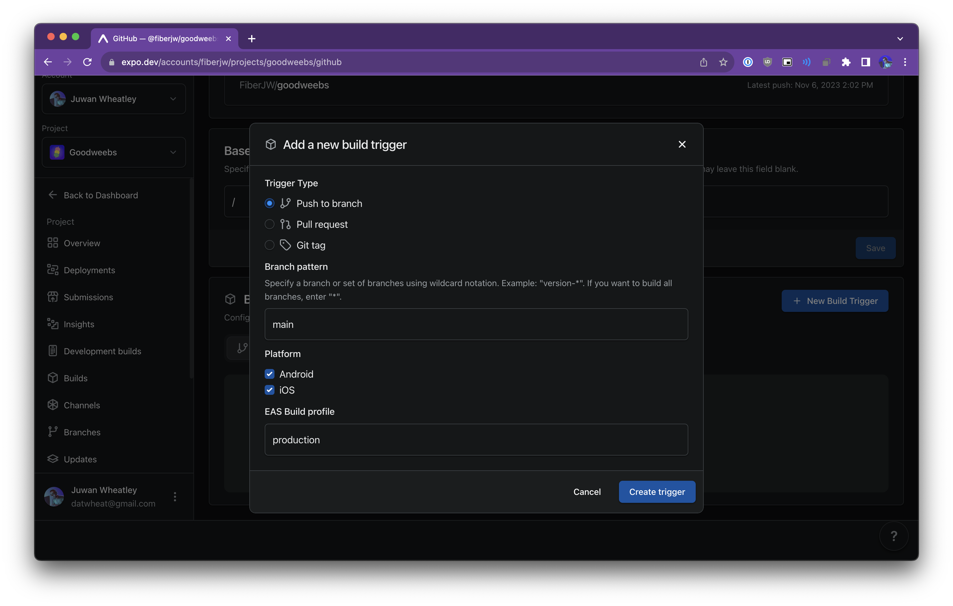 A filled-out version of the new build trigger form