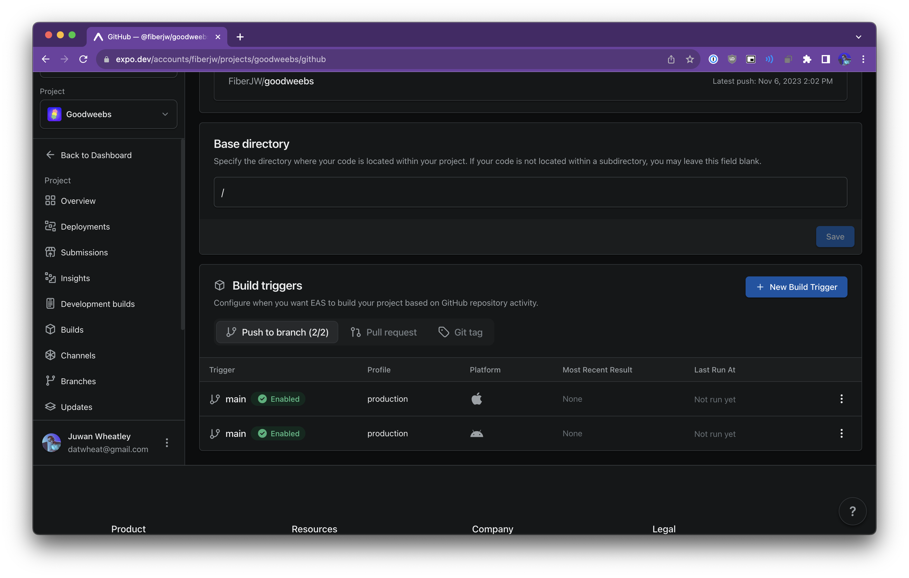 The build triggers section on the Expo project GitHub settings page filled with build triggers