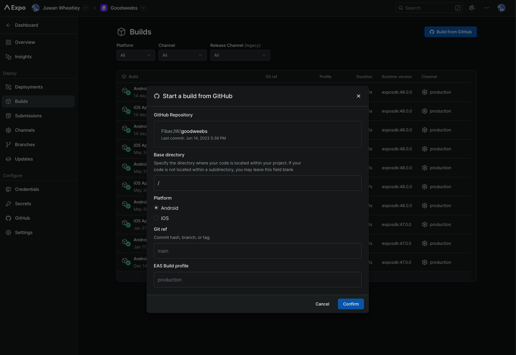 The build from GitHub UI on the Expo project builds list page