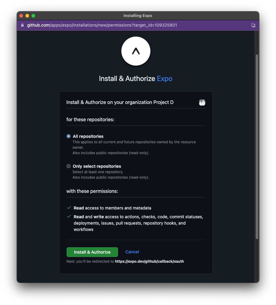The GitHub app installation UI