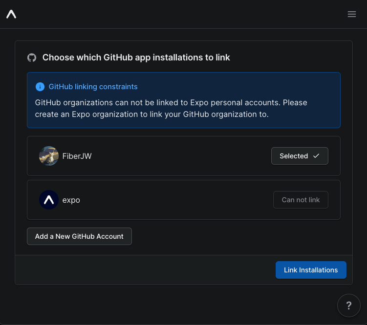 The GitHub account linking UI