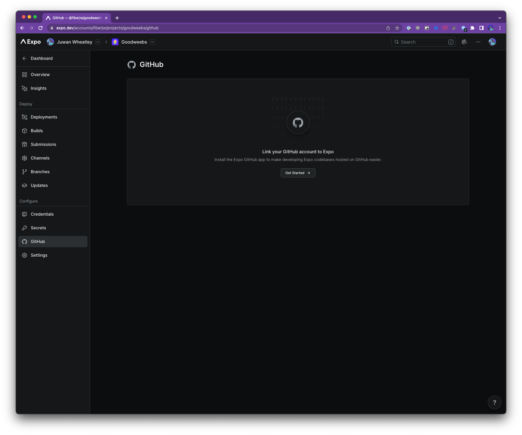 The project GitHub settings page