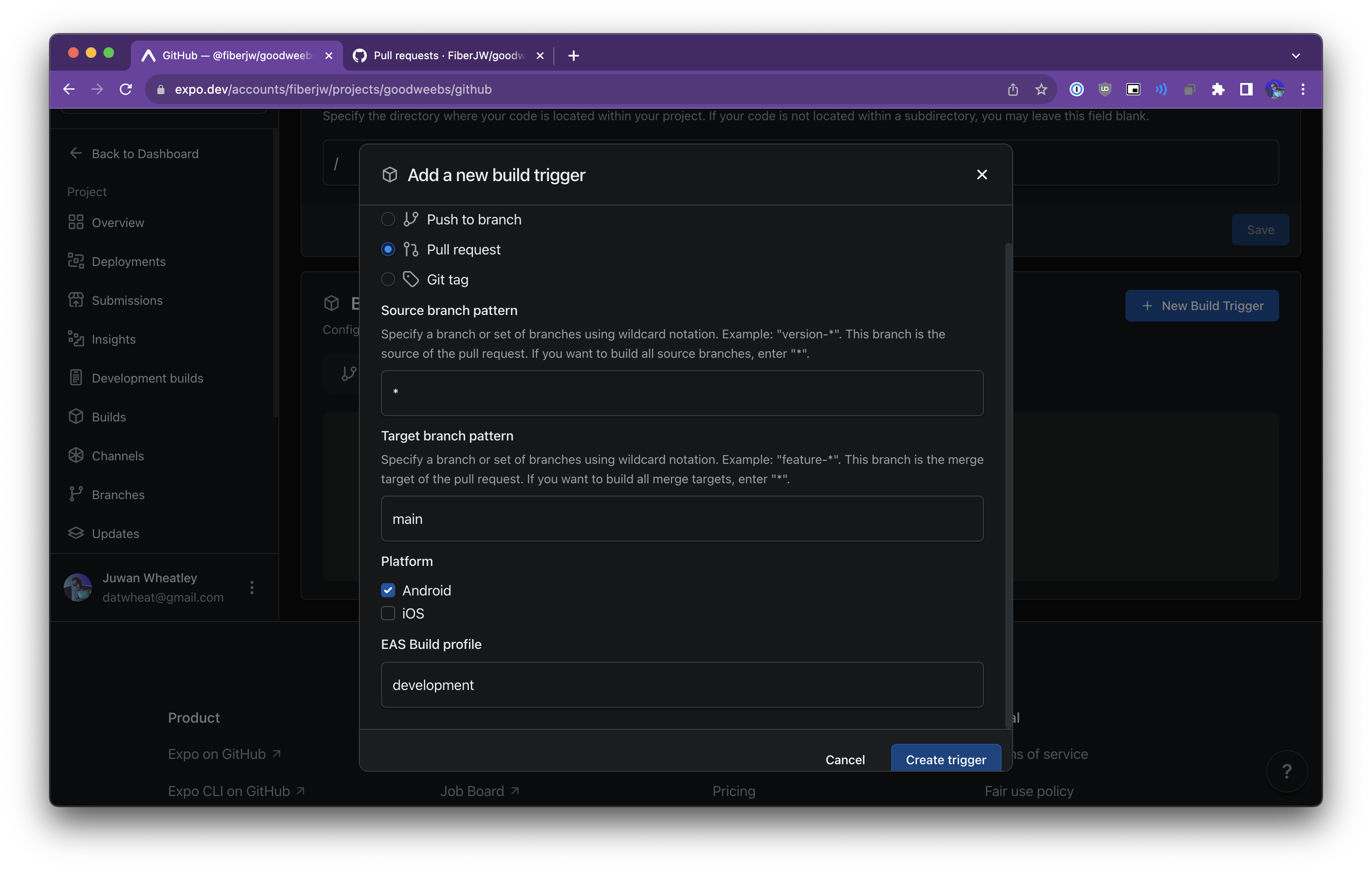 The build trigger form for pull request