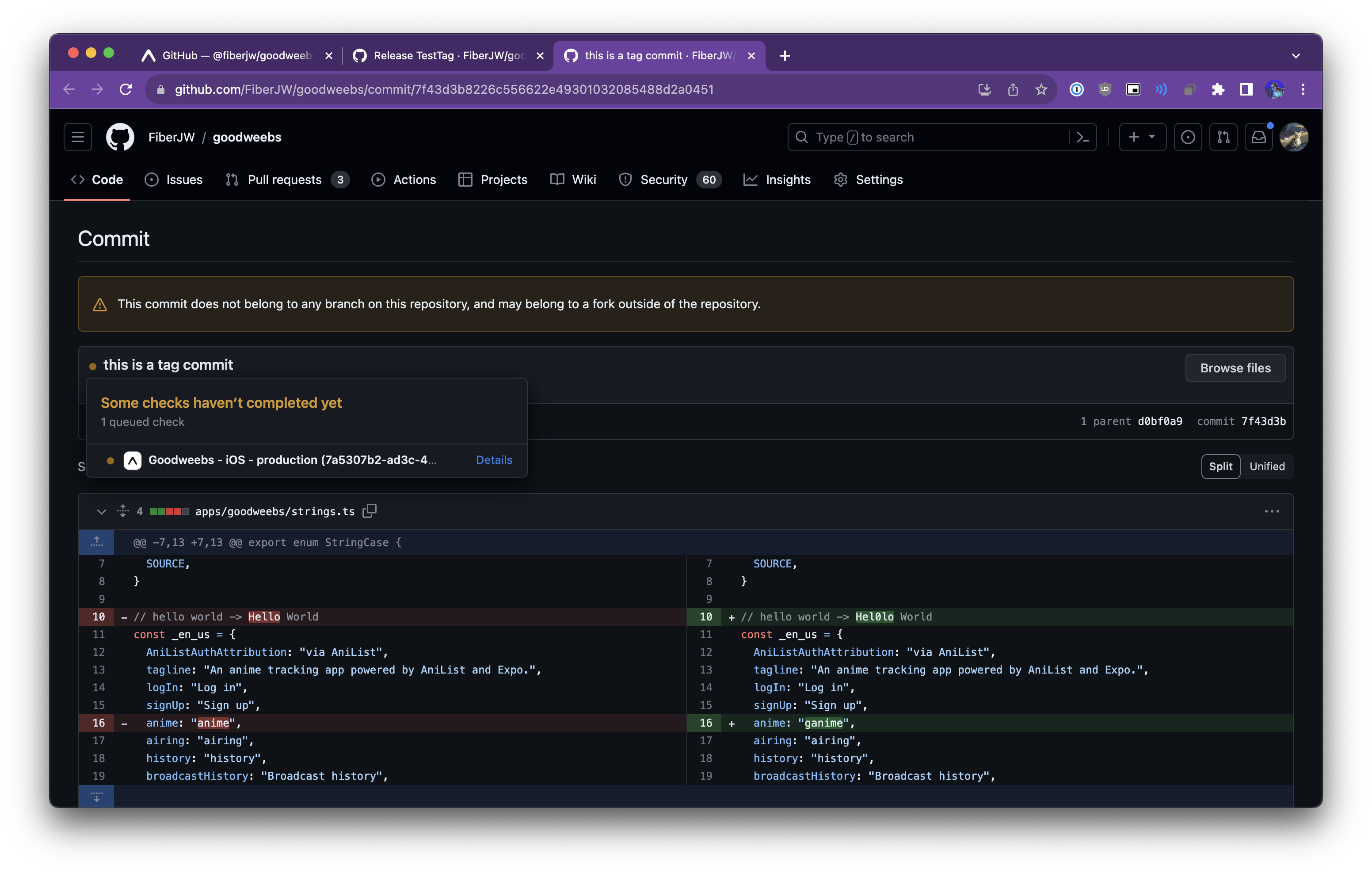 The GitHub checks section on a tag commit