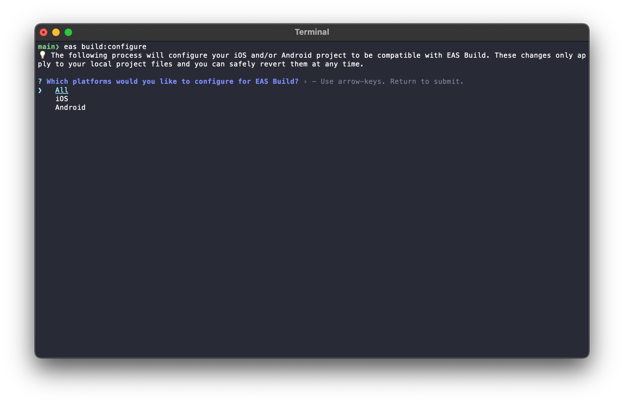 Terminal running eas build command with platform Android and iOS options available