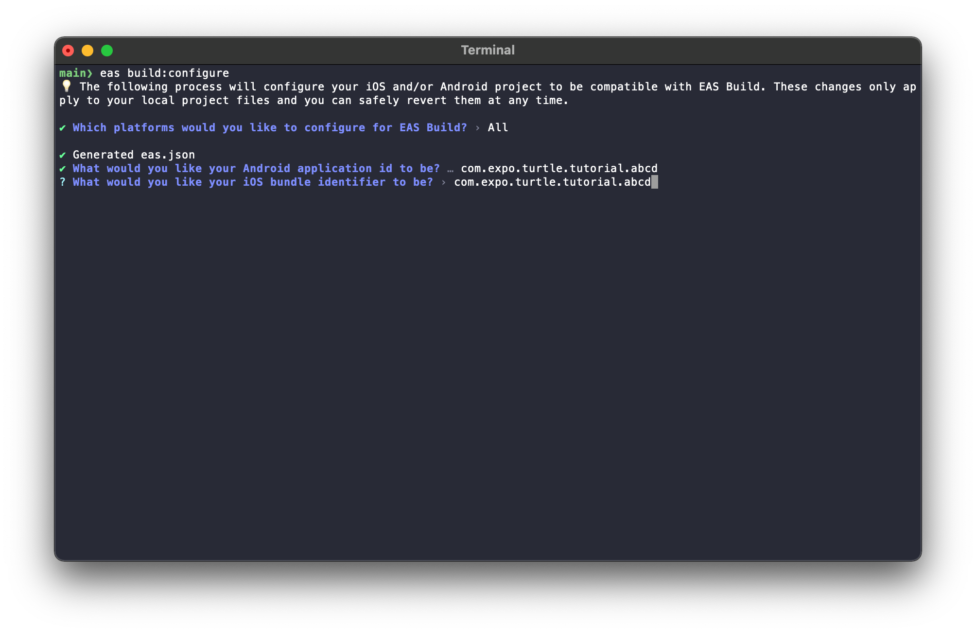 Application identifier prompts in eas build:configure
