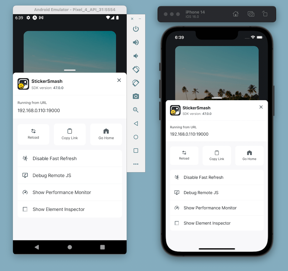 Developer menu in Expo Go app.
