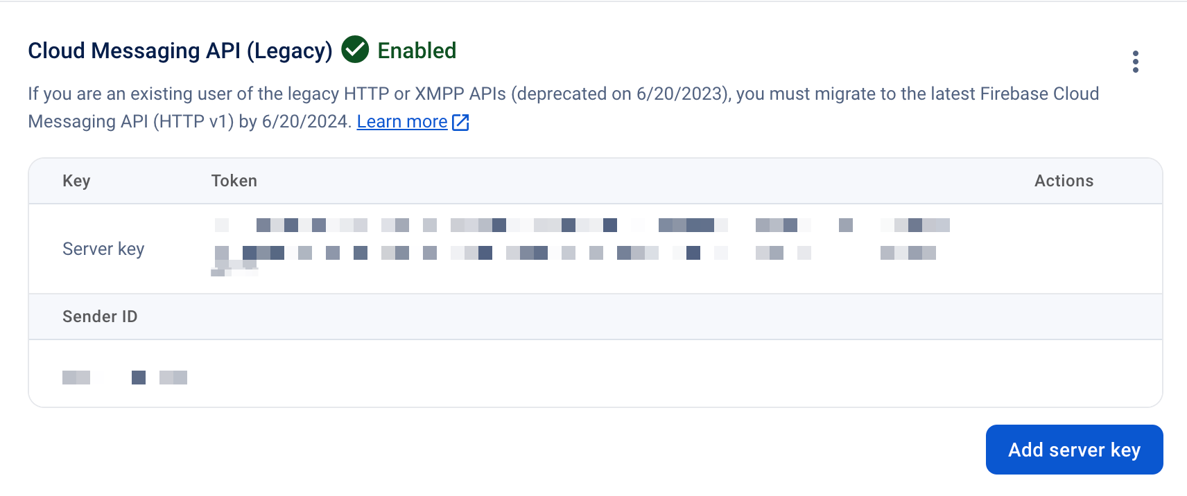 Getting the server key from Firebase console's Cloud messaging tab.