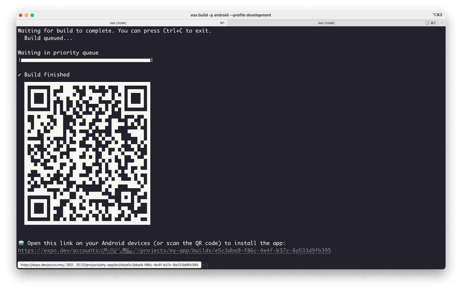 An example of shareable development build URL after the Android internal distribution build is ready.